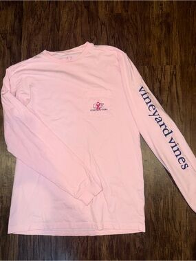 Vineyard Vines Light Pink Long-Sleeve Pocket Tee with Navy Sleeve Logo